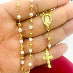 Our Lady of Guadalupe Rosary Necklace Gold White Beads 16" Kids Baby Jewelry